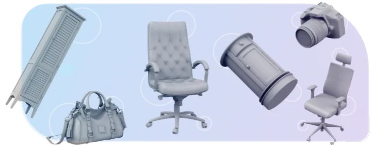 Grey clay-style 3D models of chairs, a handbag and a camera