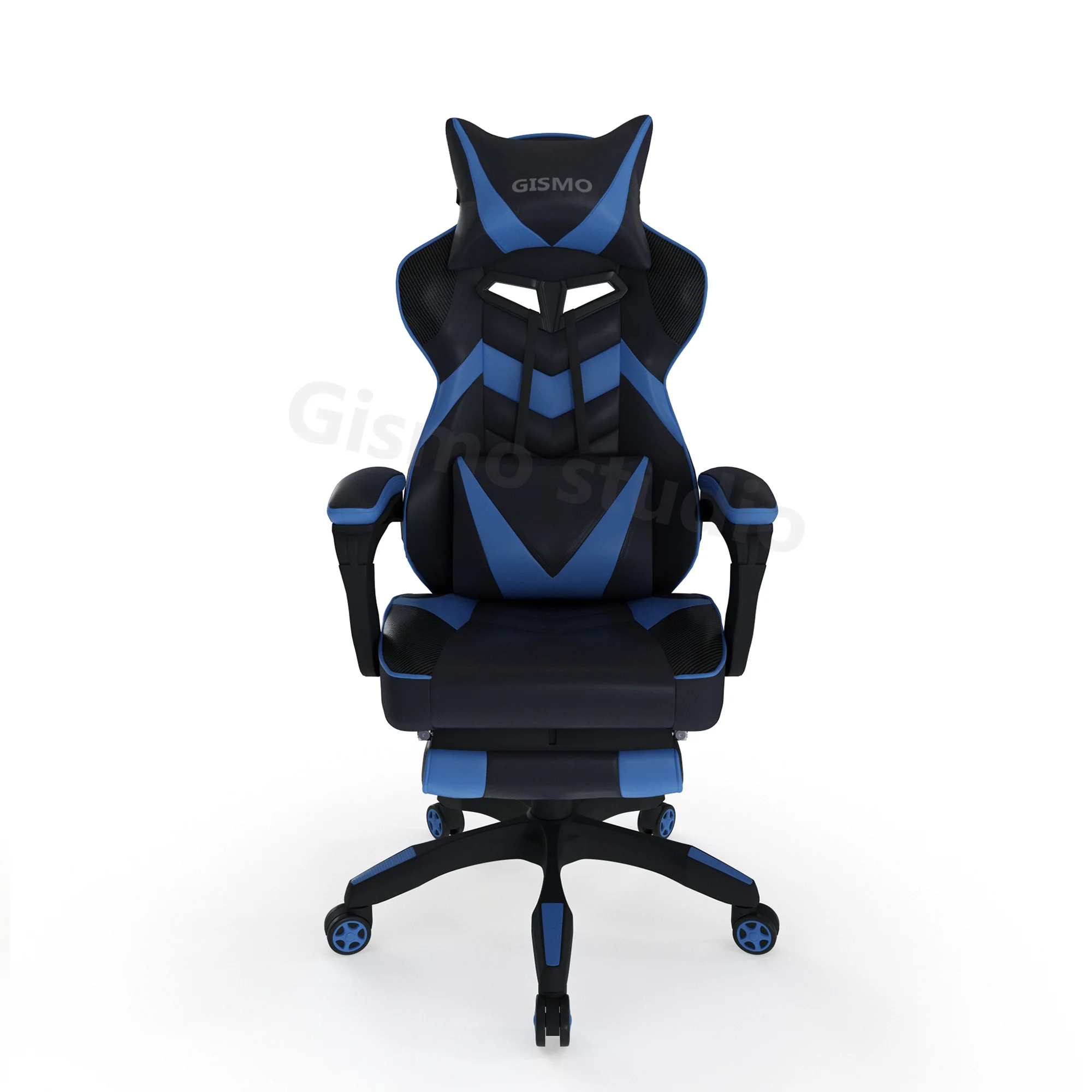 3D render of a blue and black gaming chair with a footrest