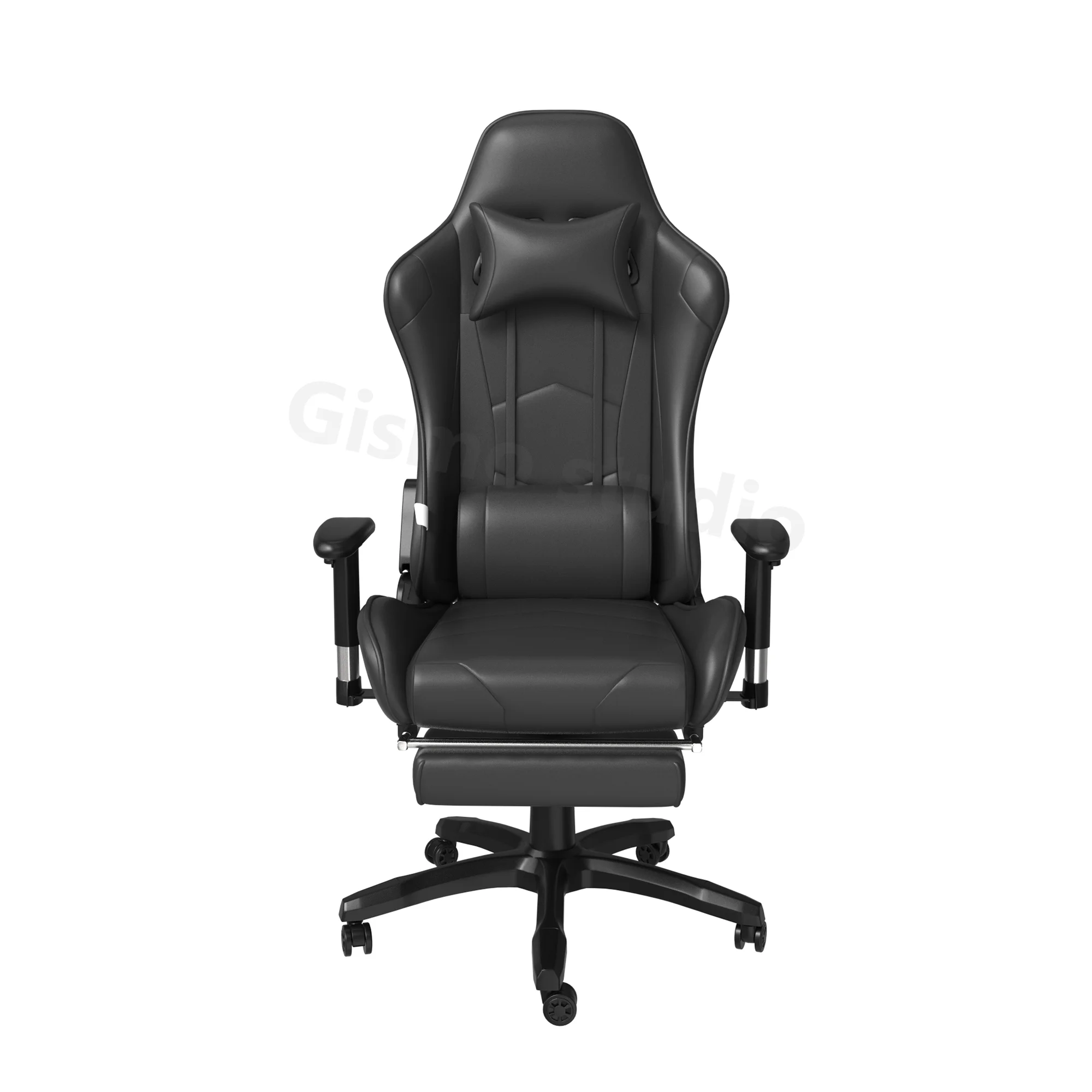 3D render of a black gaming chair with a footrest