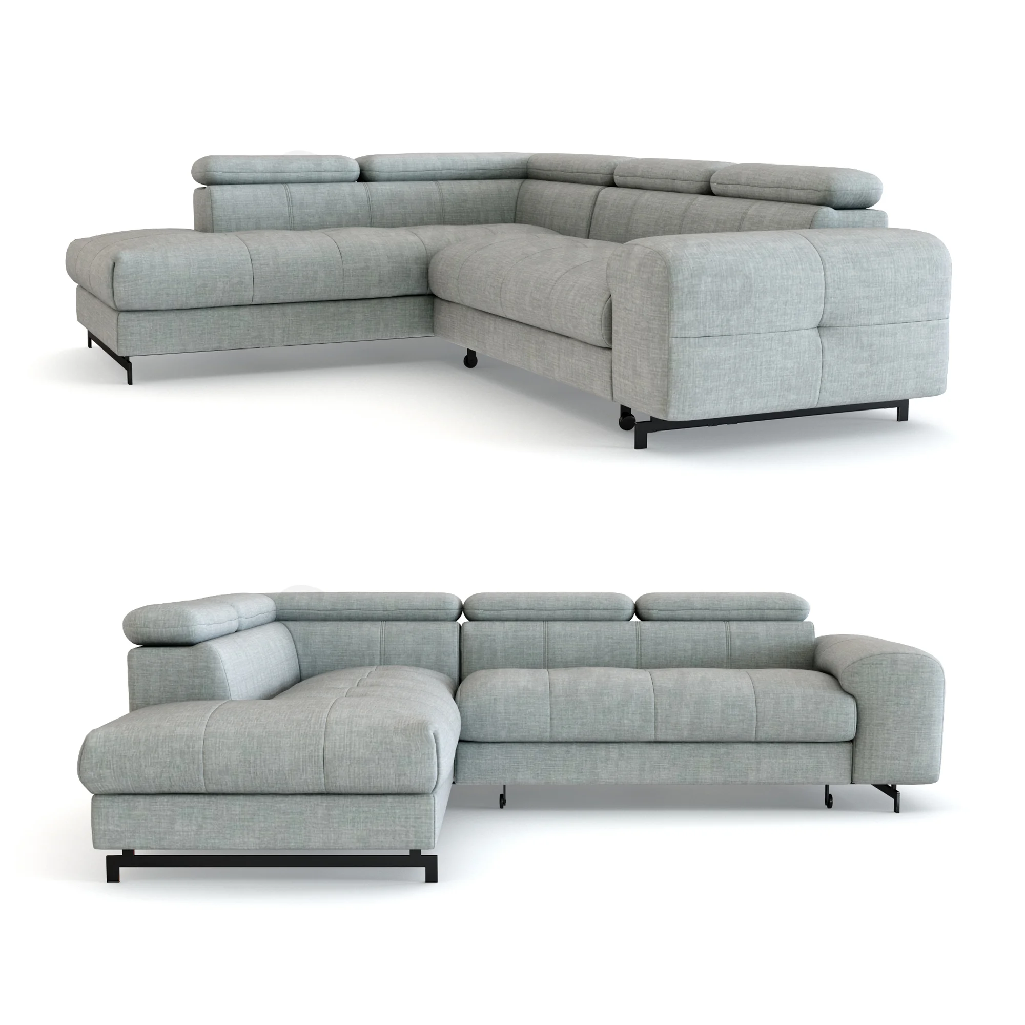 3D render of a grey corner sofa shown from two angles